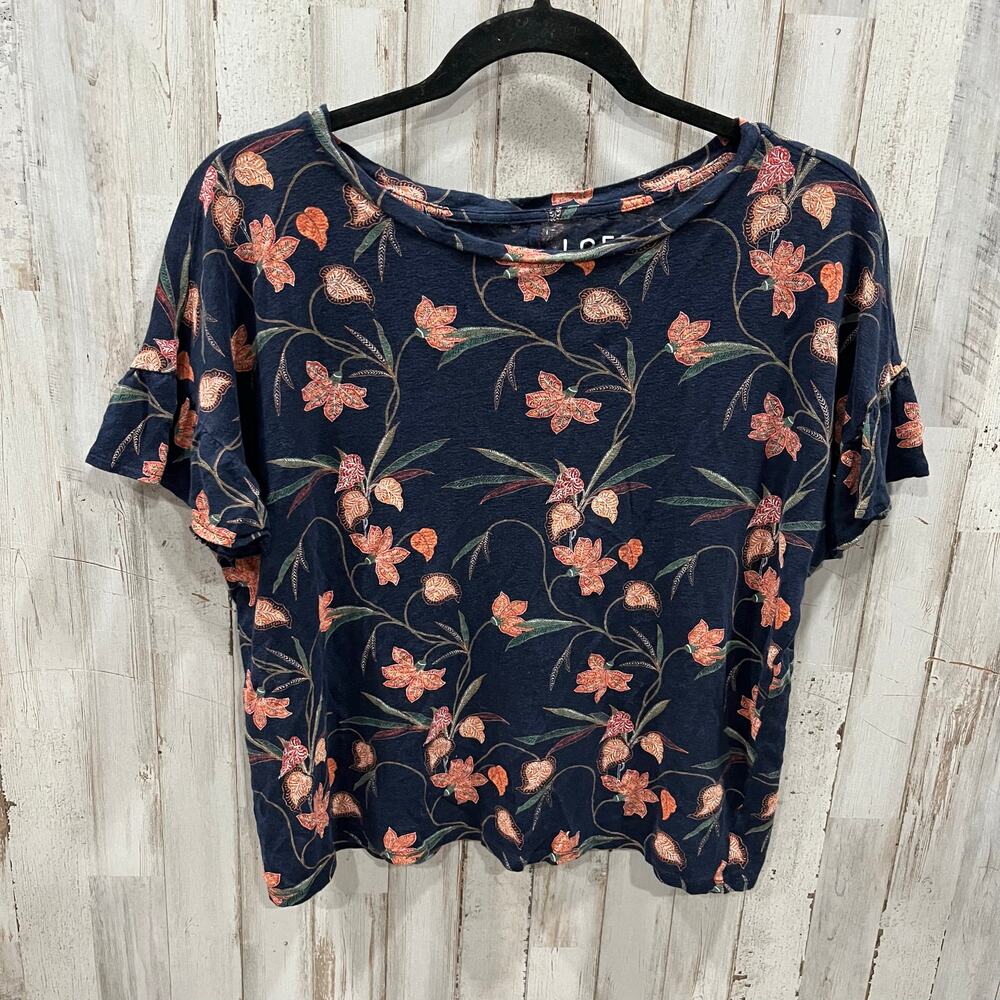 Loft Navy Floral 100% Linen Ruffle Sleeve Shirt Blouse Womens Small